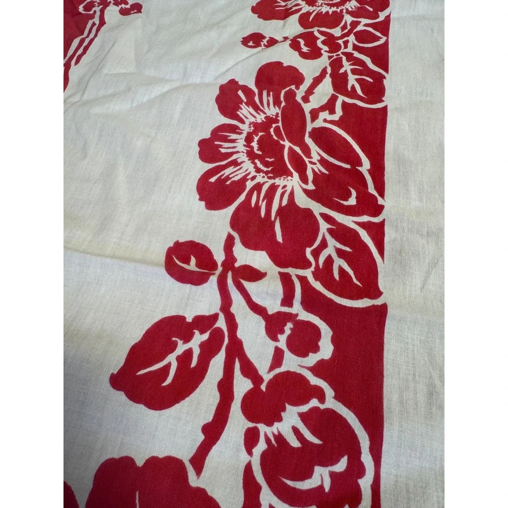Vintage‎ Red White Floral Square Card Table Tablecloth Screen Print MC 43x43